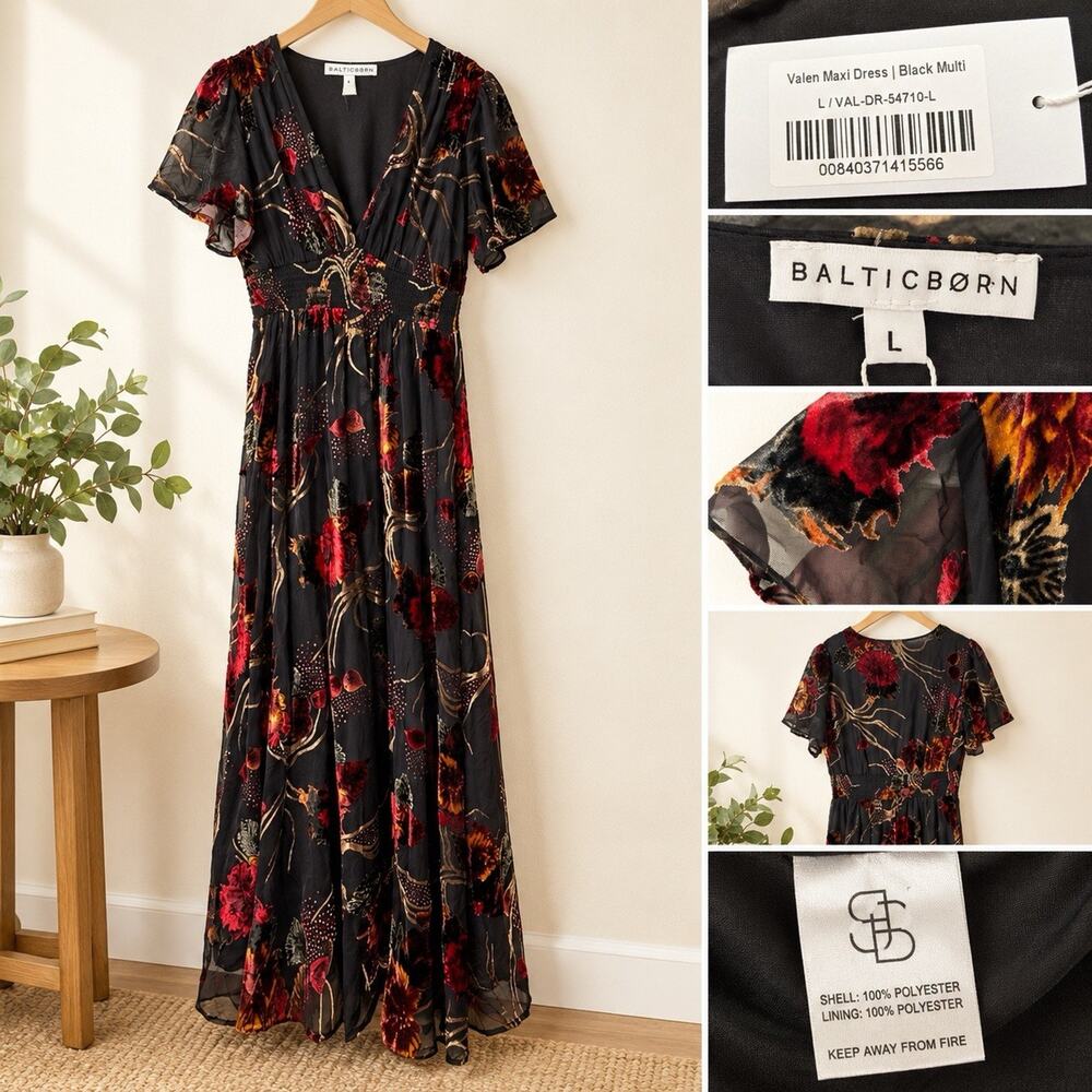 Baltic Born Valen Maxi Dress Women’s L Black Multi Burnout Velvet Floral New